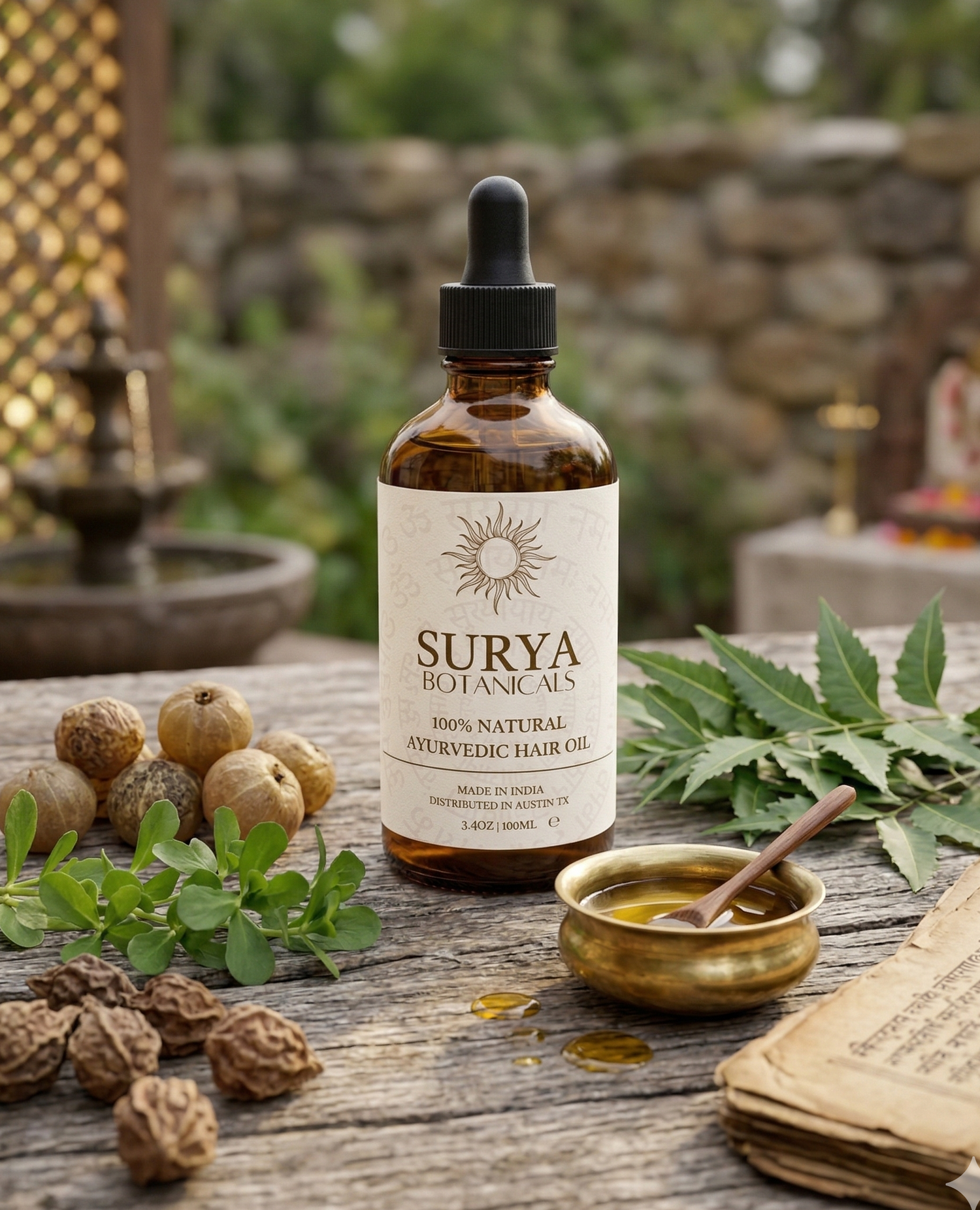 Surya Botanicals hair oil bottle on a wooden surface with natural elements