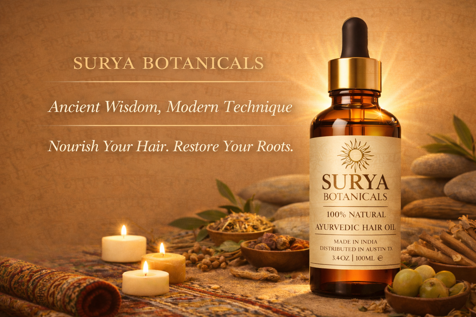 Surya Botanicals hair oil bottle with Ayurvedic ingredients and candles on a warm background