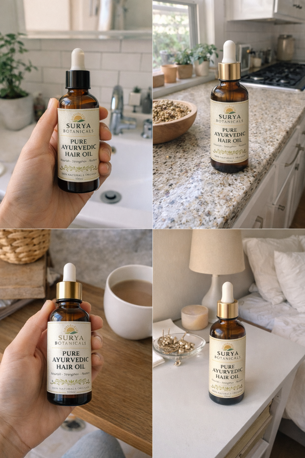 Collage of Surya Botanics hair oil bottles in various settings including a kitchen and living room.