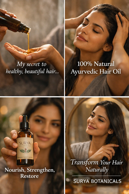 Collage of a woman using Surya Botanicals hair oil with text highlighting its natural ingredients and benefits.